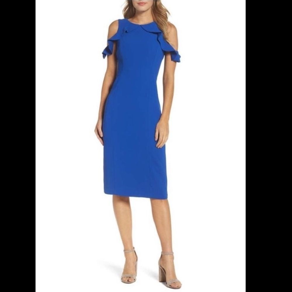 Maggy London cold Shoulder midi sheath dress in patriot blue